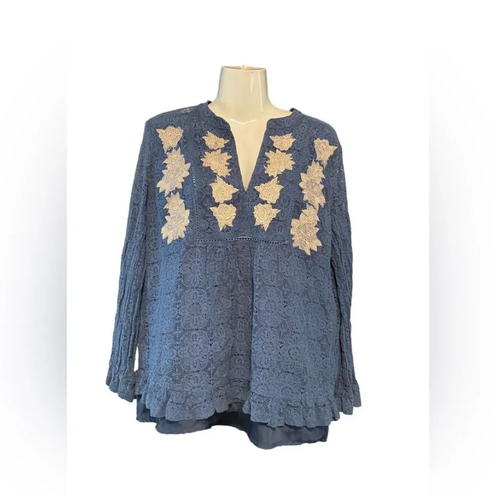 Lela Sky Blue Lace Floral Long Sleeve Top